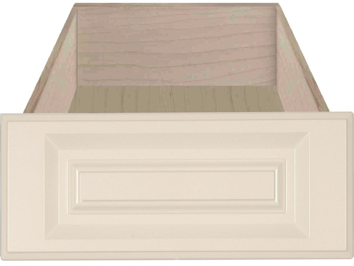 Raised panel antique white smooth satin drawer frnts