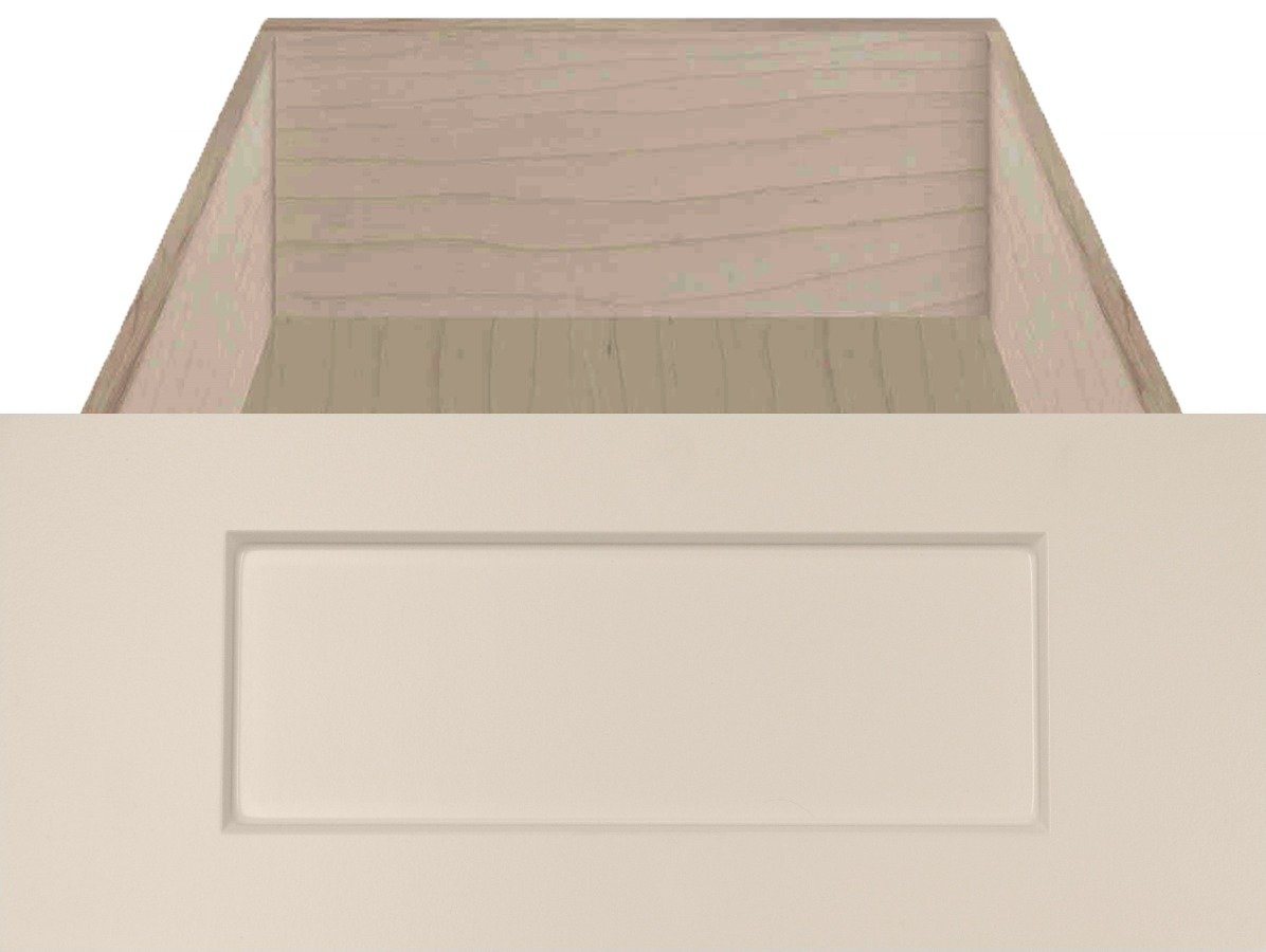 Recess panel antique white smooth satin drawer fronts